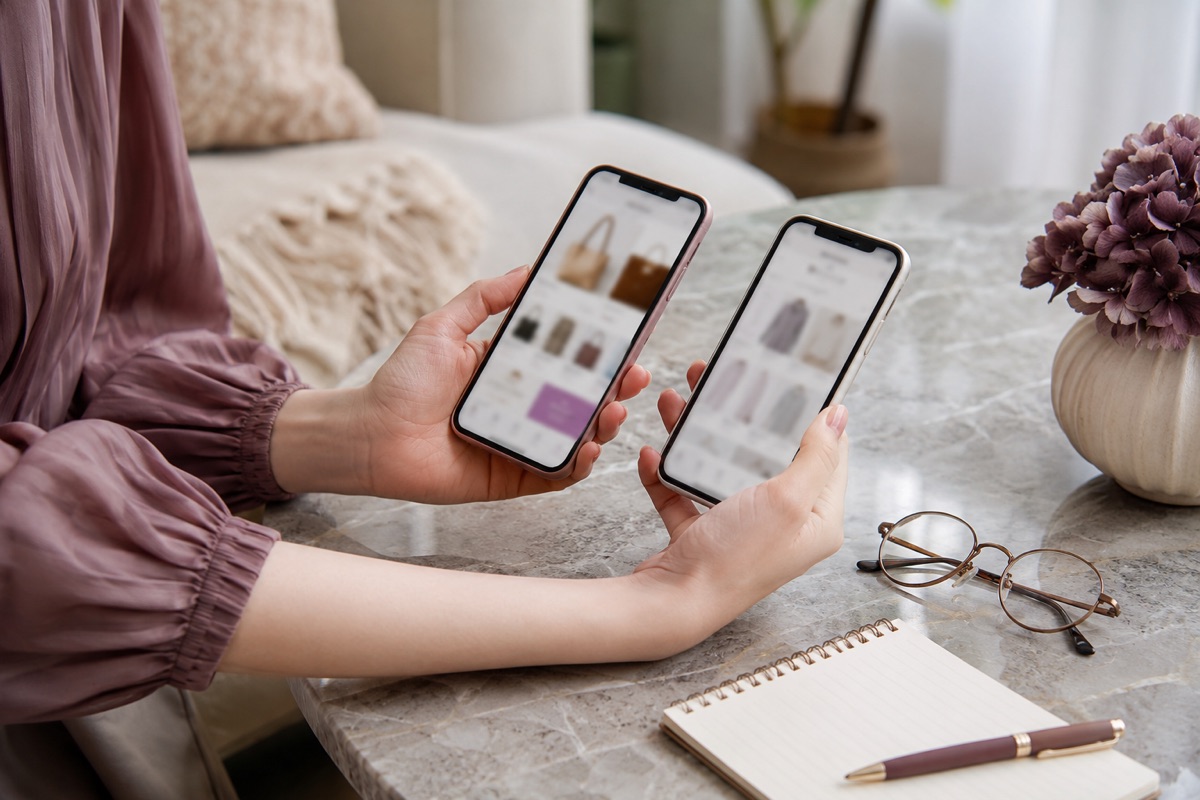 スマートフォンで購入先ごとの価格を見比べている手元（イメージ）